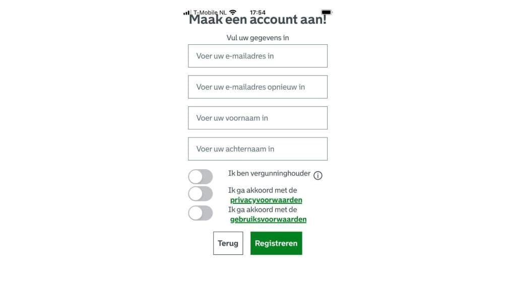 Beeldscherm account aanmaken Rotterdam Bezoekers Parkeren app