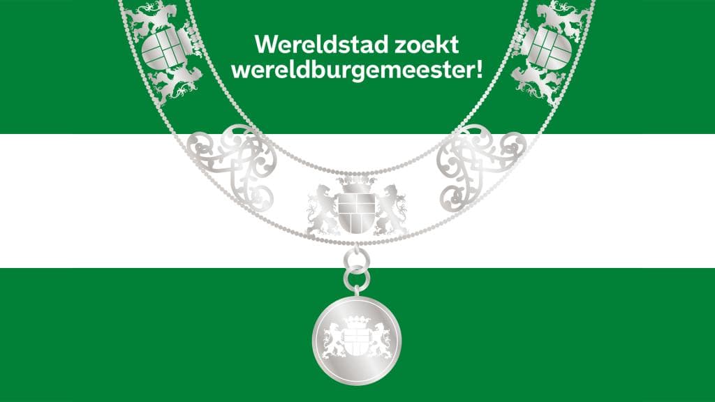 campagnebeeld wereldstad zoekt wereldburgemeester, de Rotterdamse kleuren met het ambtsketen.